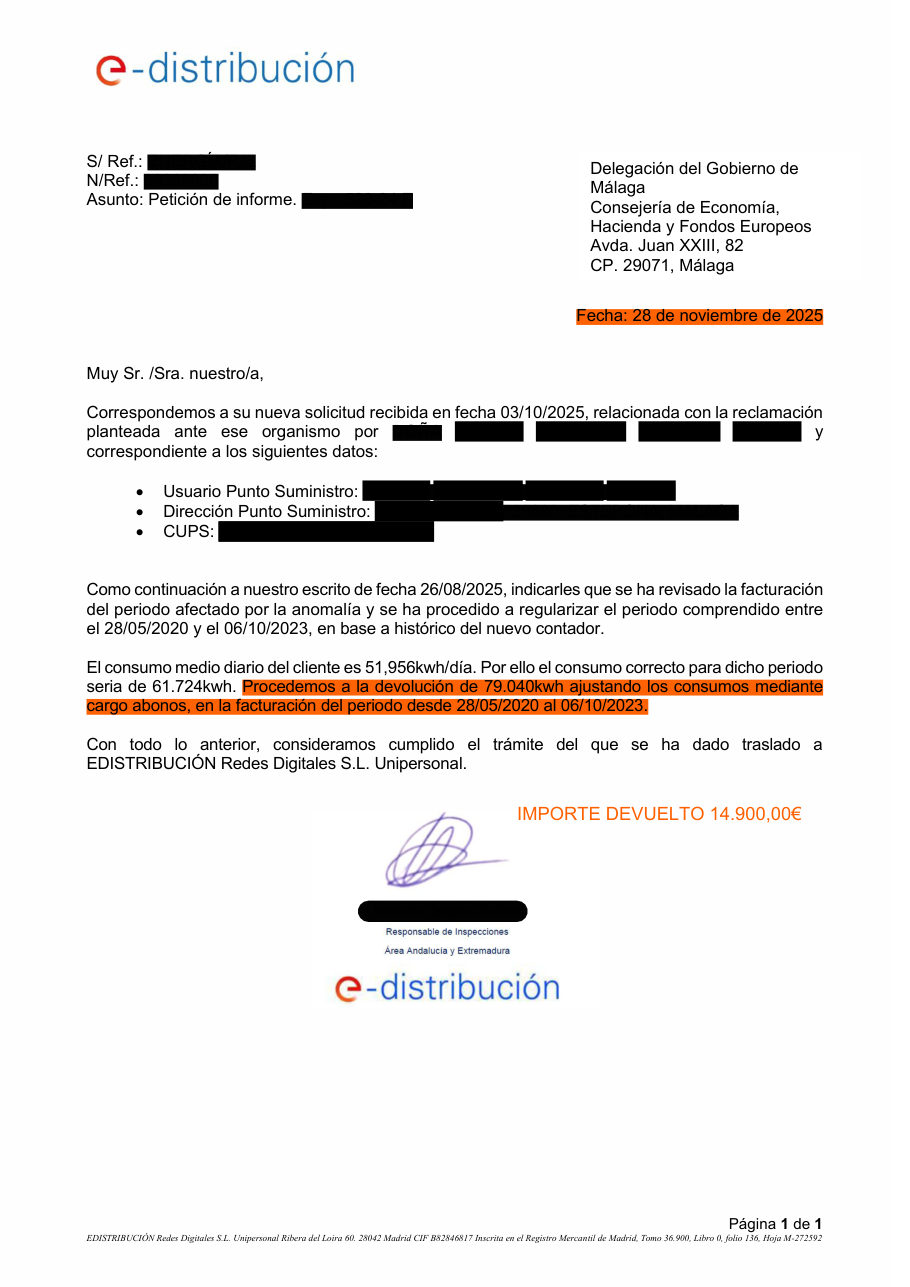 E-Distribución devuelve 14.900 € a un cliente de Estepona por una anomalía mal calculada 1 Documento del caso C02 (datos personales tapados)