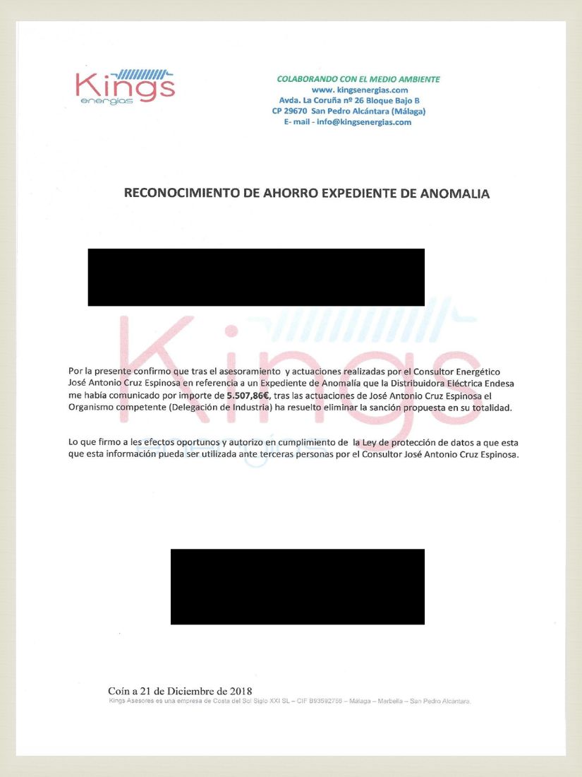 Reconocimiento de ahorro del caso C14 firmado por el cliente (datos personales tapados)