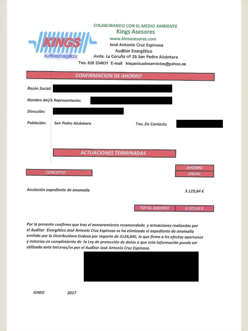 Reconocimiento de ahorro del caso C15 firmado por el cliente (datos personales tapados)