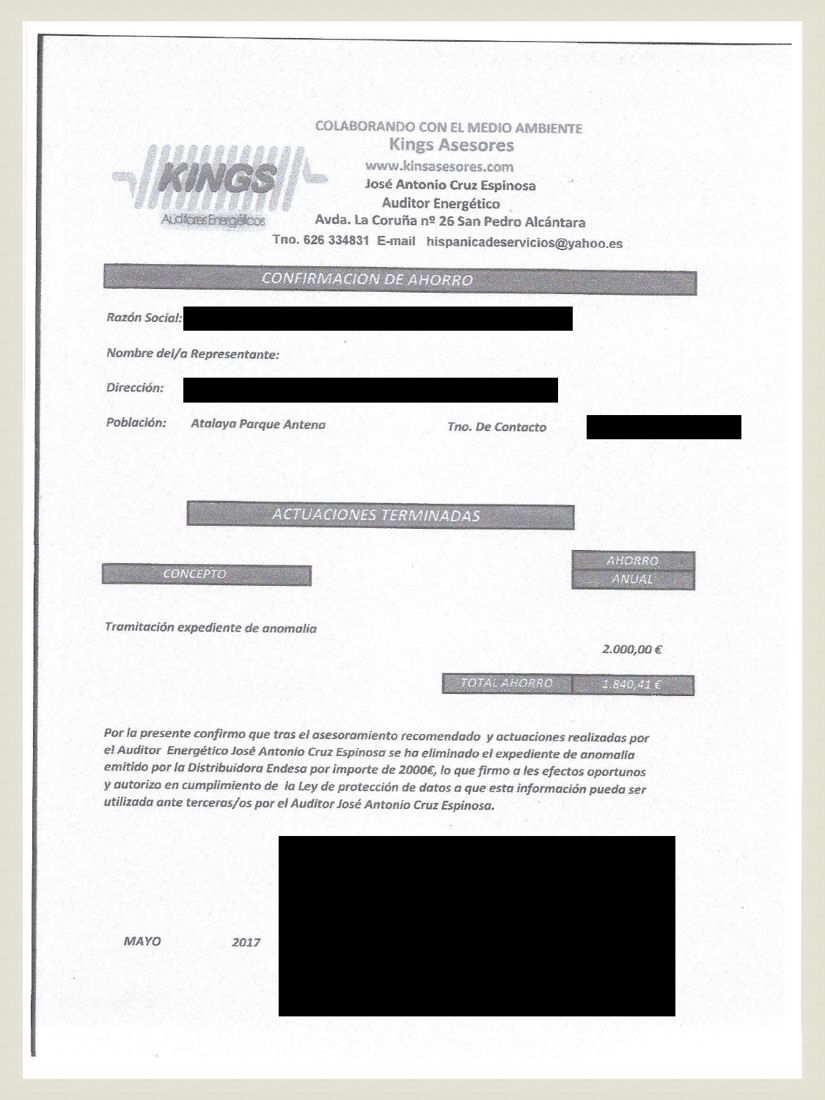 Reconocimiento de ahorro del caso C17 firmado por el cliente (datos personales tapados)